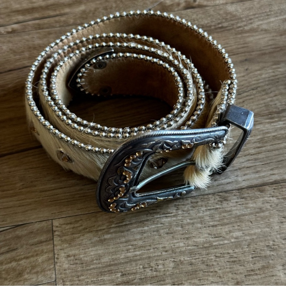 Leatherock calf hair studded western belt cream